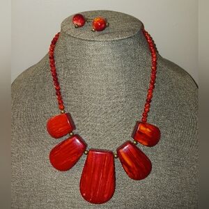 Tagua Nut Chunky Necklace & Earrings Red Finish, Artisanal Handmade